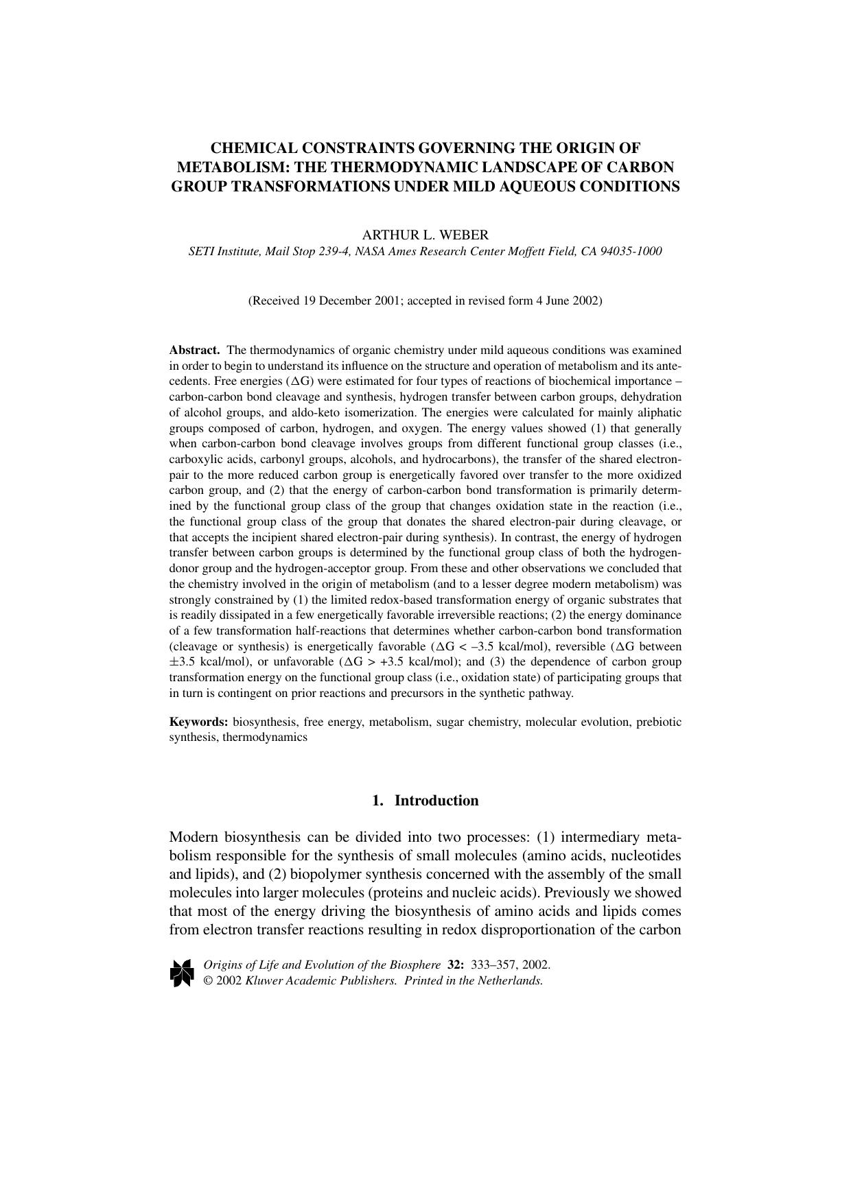 Chemical Constraints Governing the Origin of Metabolism: The Thermodynamic Landscape of Carbon Group Transformations under Mild Aqueous Conditions by Unknown