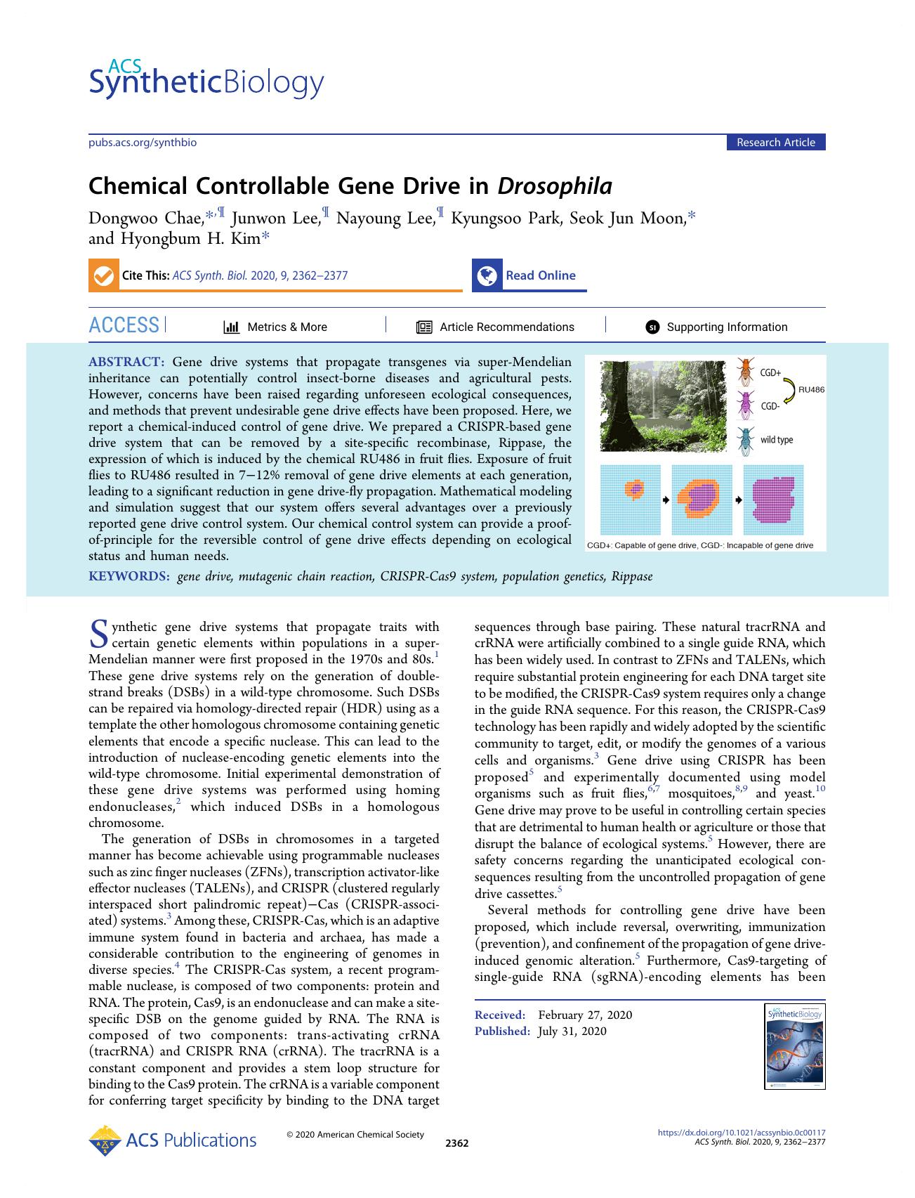Chemical Controllable Gene Drive in Drosophila by Dongwoo Chae Junwon Lee Nayoung Lee Kyungsoo Park Seok Jun Moon and Hyongbum H. Kim