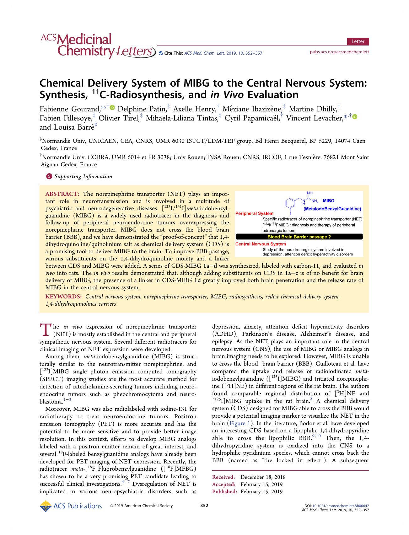 Chemical Delivery System of MIBG to the Central Nervous System: Synthesis, 11C-Radiosynthesis, and in Vivo Evaluation by unknow
