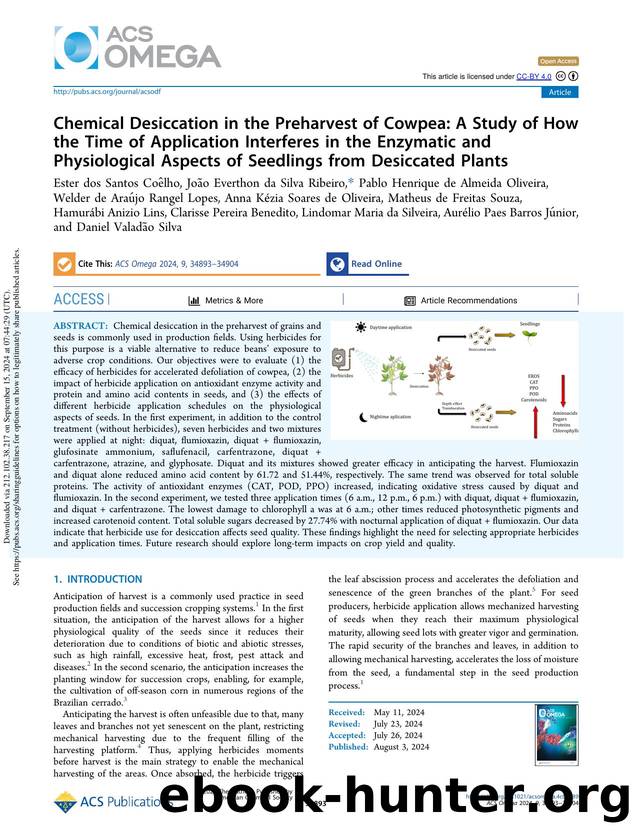 Chemical Desiccation in the Preharvest of Cowpea: A Study of How the Time of Application Interferes in the Enzymatic and Physiological Aspects of Seedlings from Desiccated Plants by unknow