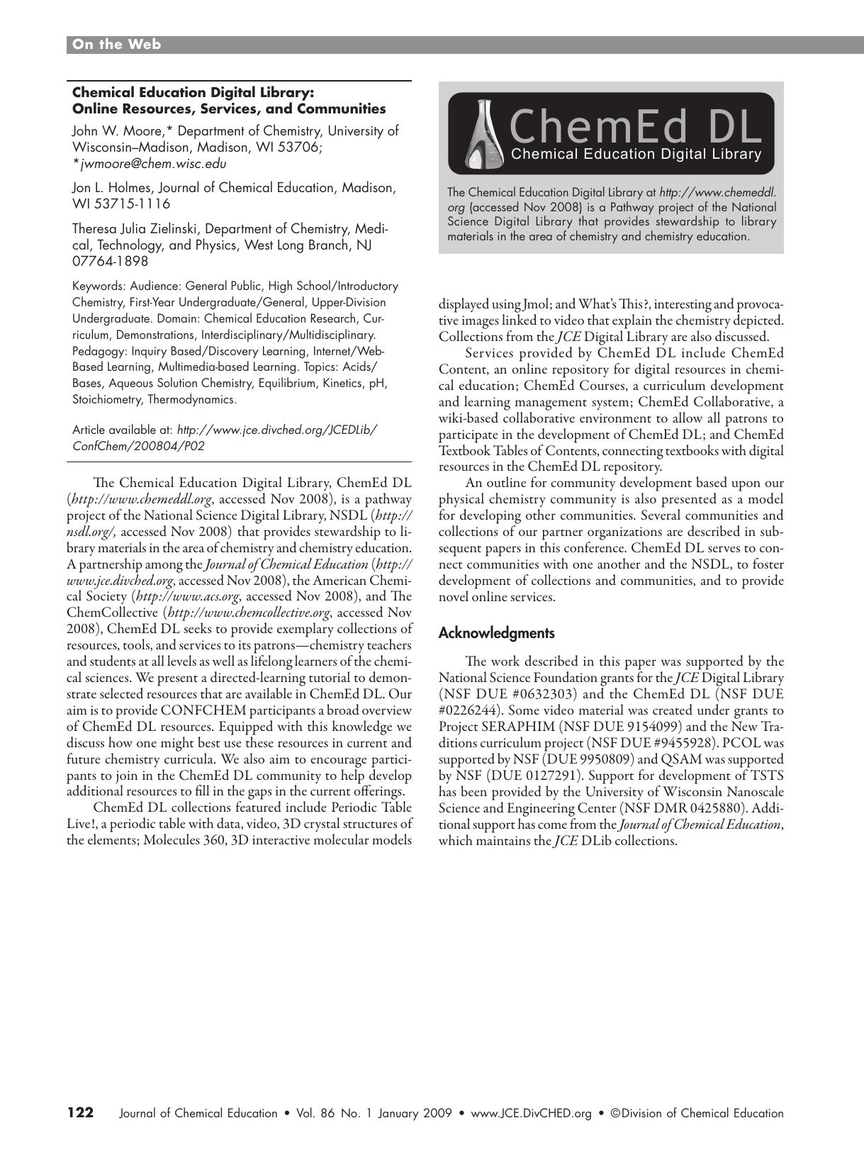 Chemical Education Digital Library: Online Resources, Services, and Communities by John W. Moore Jon L. Holmes and Theresa Julia Zielinski