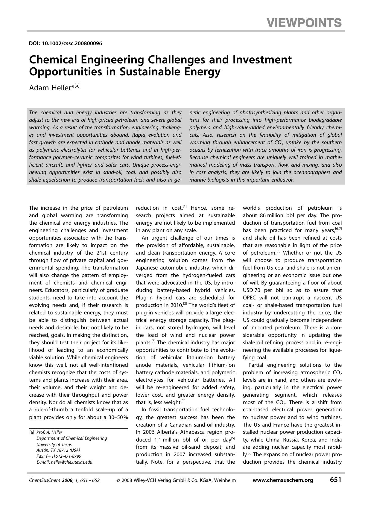 Chemical Engineering Challenges and Investment Opportunities in Sustainable Energy by Unknown