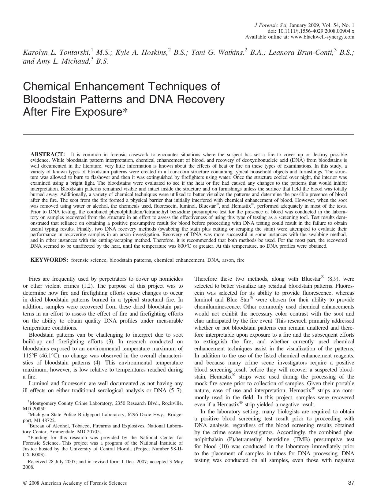 Chemical Enhancement Techniques of Bloodstain Patterns and DNA Recovery After Fire Exposure* by Unknown