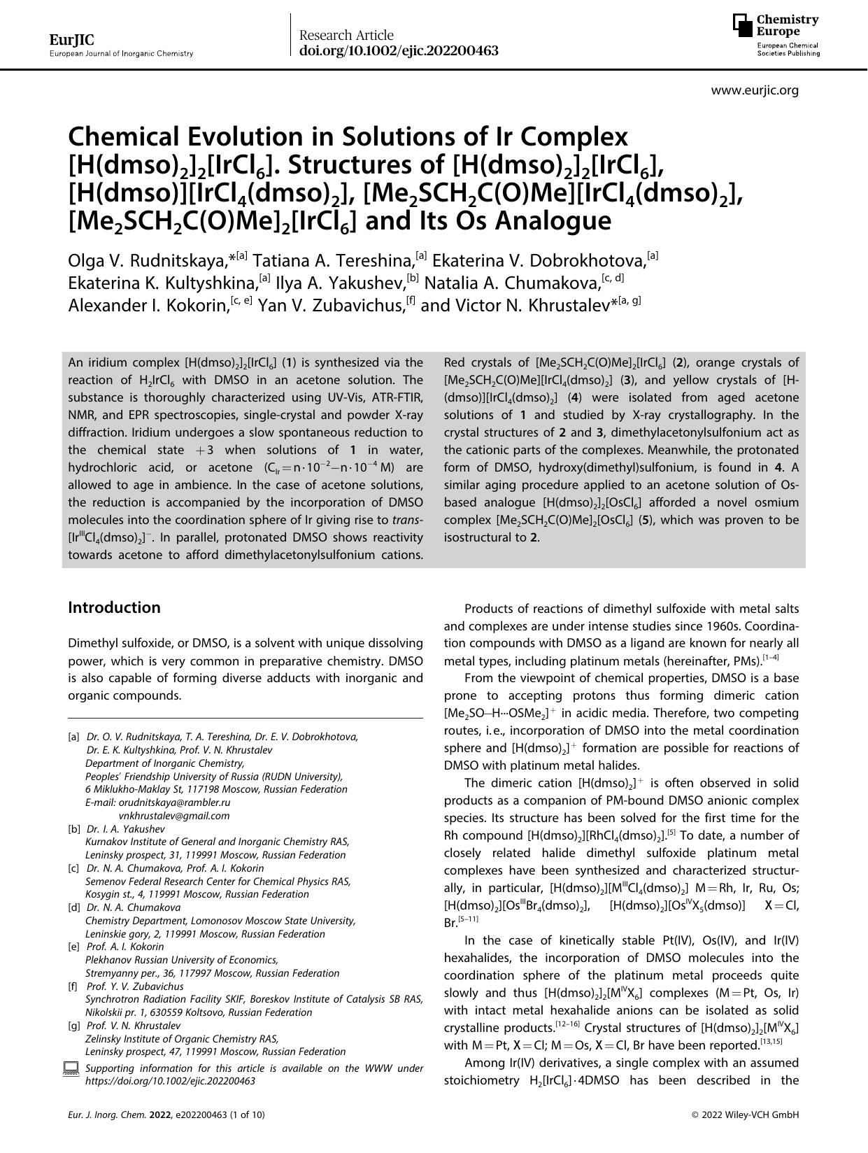 Chemical Evolution in Solutions of Ir Complex [H(dmso)2]2[IrCl6]. Structures of [H(dmso)2]2[IrCl6], [H(dmso)][IrCl4(dmso)2], [Me2SCH2C(O)Me][IrCl4(dmso)2], [Me2SCH2C(O)Me]2[IrCl6] and Its Os Analogue by Unknown