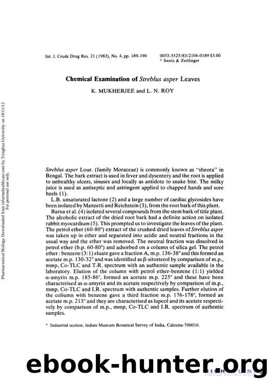 Chemical Examination of Streblus asper Leaves by K. Mukherjee & L. N. Roy