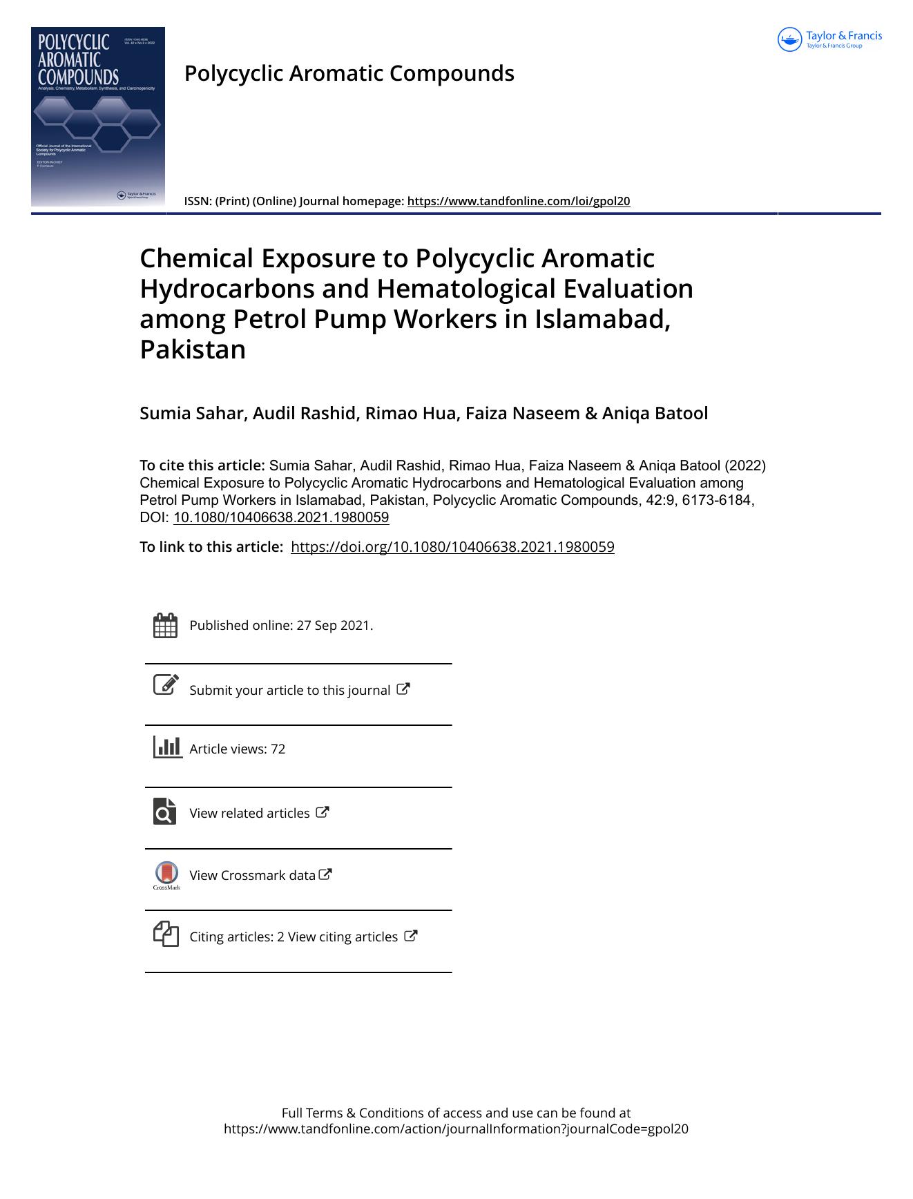 Chemical Exposure to Polycyclic Aromatic Hydrocarbons and Hematological Evaluation among Petrol Pump Workers in Islamabad, Pakistan by Sahar Sumia & Rashid Audil & Hua Rimao & Naseem Faiza & Batool Aniqa