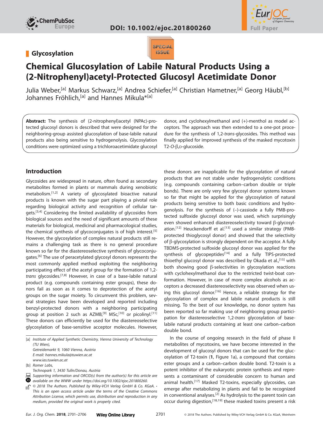 Chemical Glucosylation of Labile Natural Products Using a (2&#x02010;Nitrophenyl)acetyl&#x02010;Protected Glucosyl Acetimidate Donor by Unknown