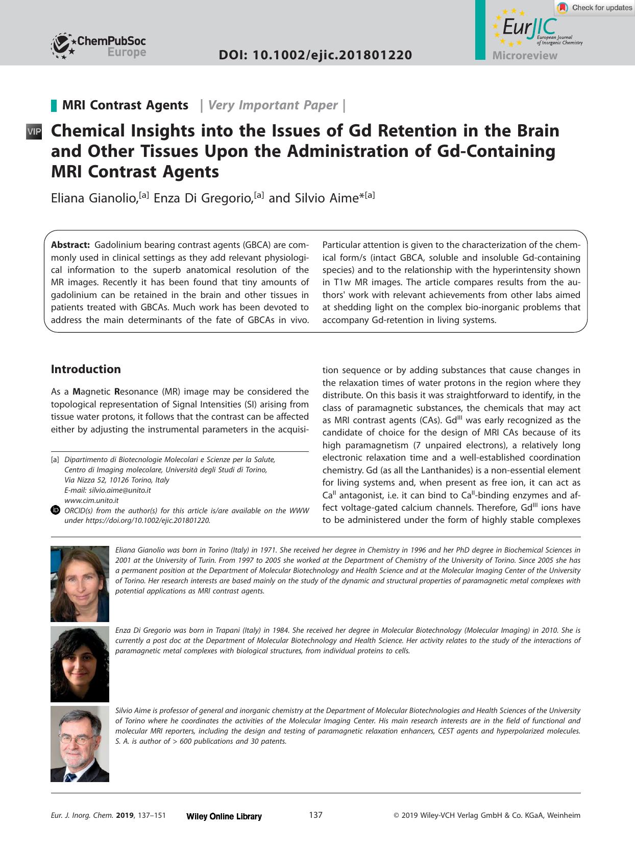 Chemical Insights into the Issues of Gd Retention in the Brain and Other Tissues Upon the Administration of GdâContaining MRI Contrast Agents by Unknown