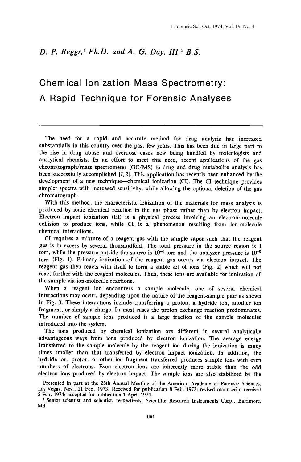 Chemical Ionization Mass Spectrometry: A Rapid Technique for Forensic Analyses by Beggs DP Day AG III