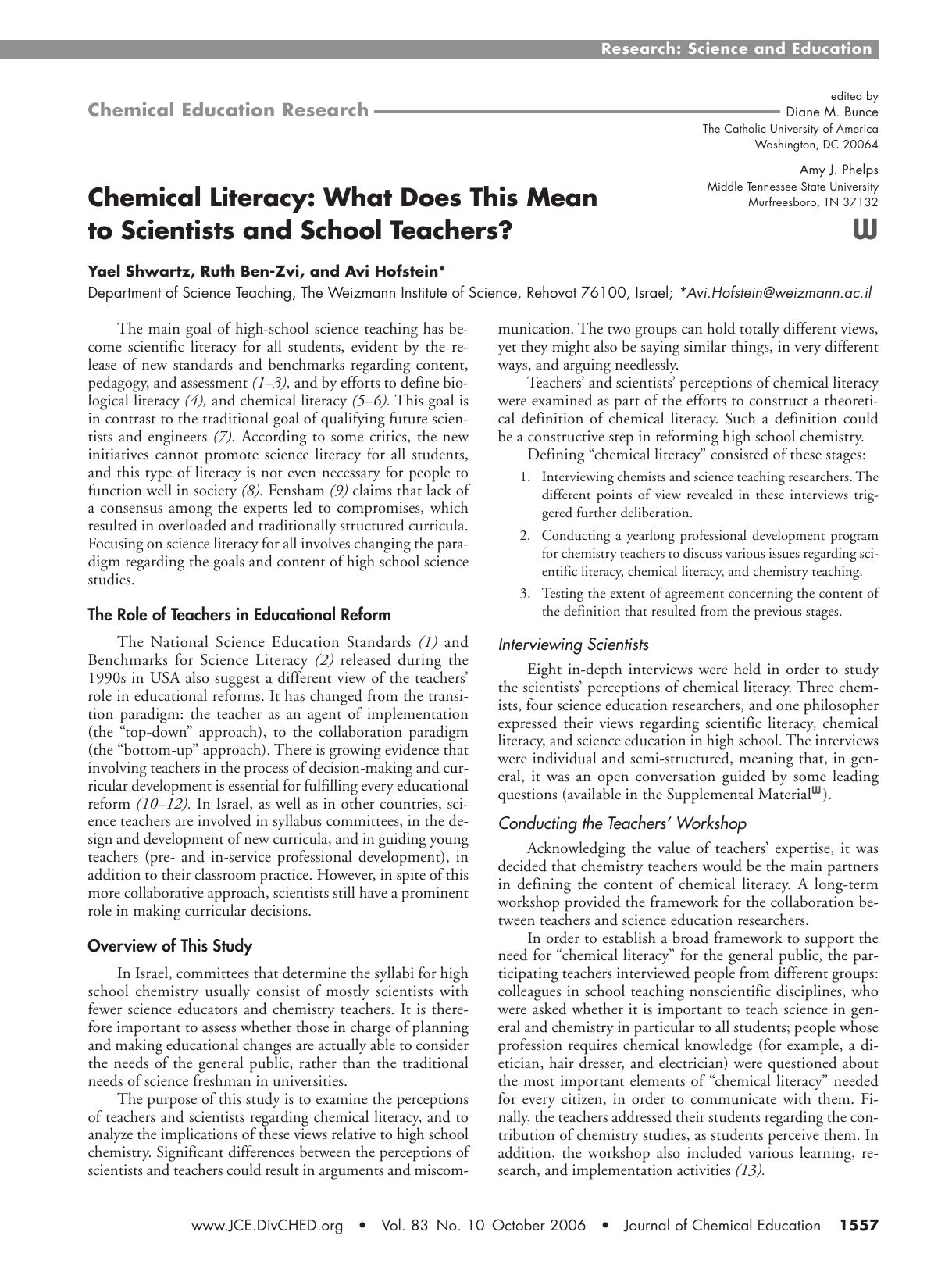 Chemical Literacy: What Does This Mean to Scientists and School Teachers? by Yael Shwartz Ruth Ben-Zvi & Avi Hofstein