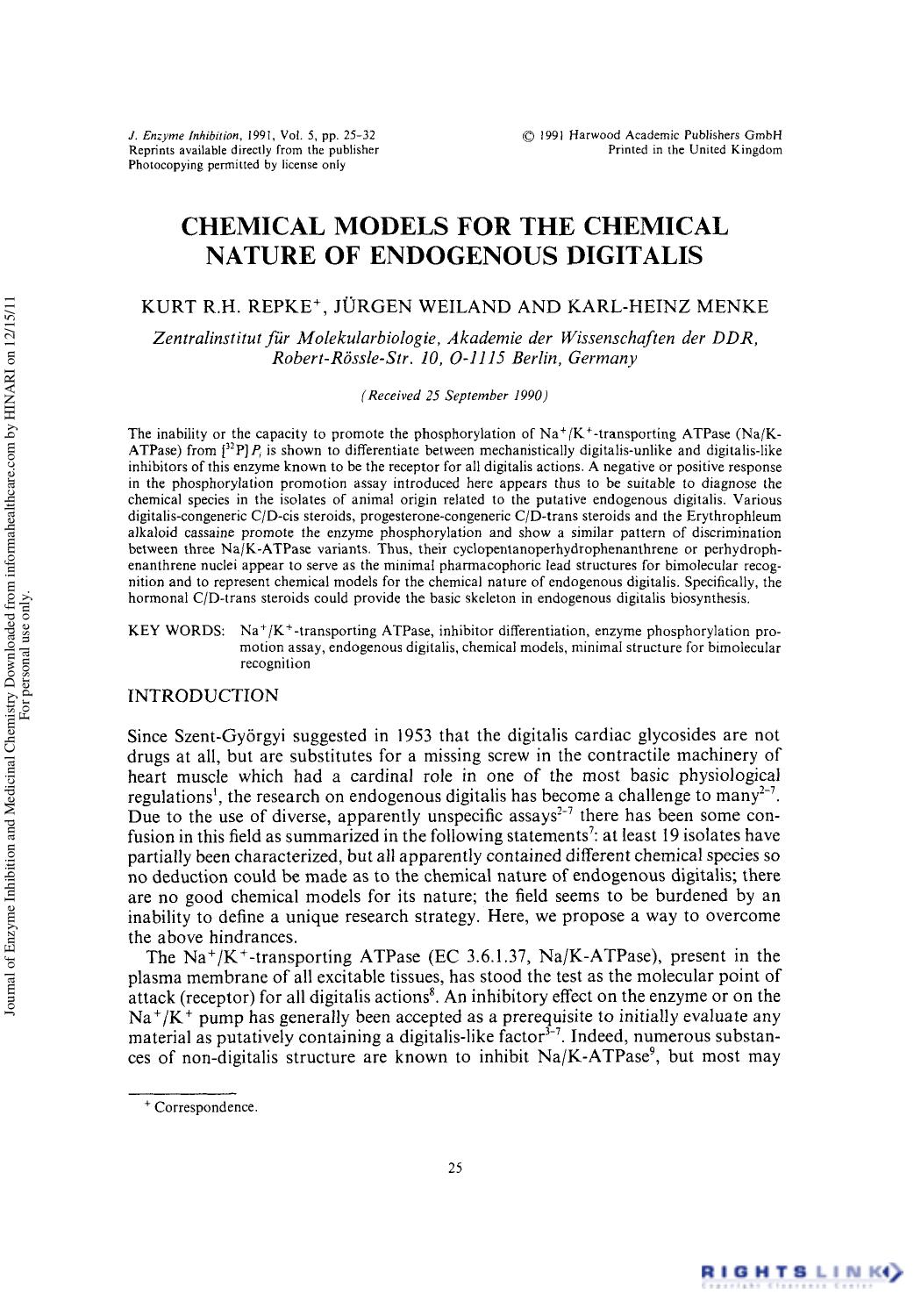 Chemical Models for the Chemical Nature of Endogenous Digitalis by Kurt R.H. Repke JÜRgen Weiland & Karl-Heinz Menke