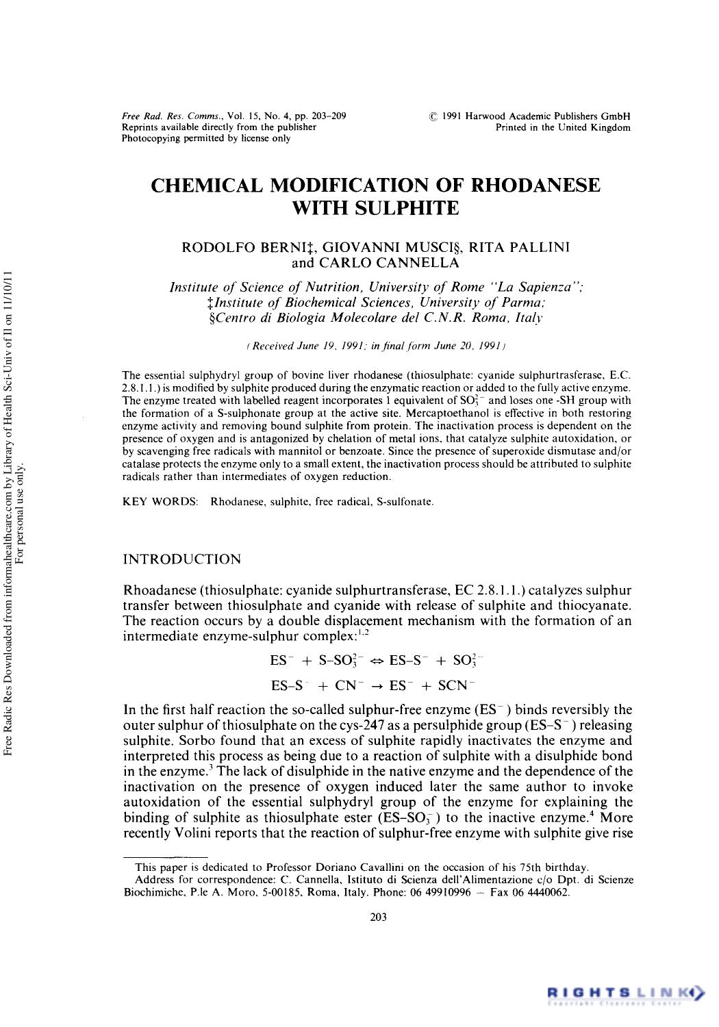 Chemical Modification of Rhodanese with Sulphite by Rodolfo Berni2 Giovanni Musci3 Rita Pallini1 & Carlo Cannella1†