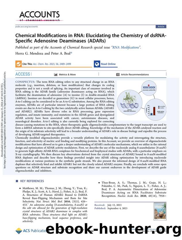 Chemical Modifications in RNA: Elucidating the Chemistry of dsRNA-Specific Adenosine Deaminases (ADARs) by Herra G. Mendoza & Peter A. Beal