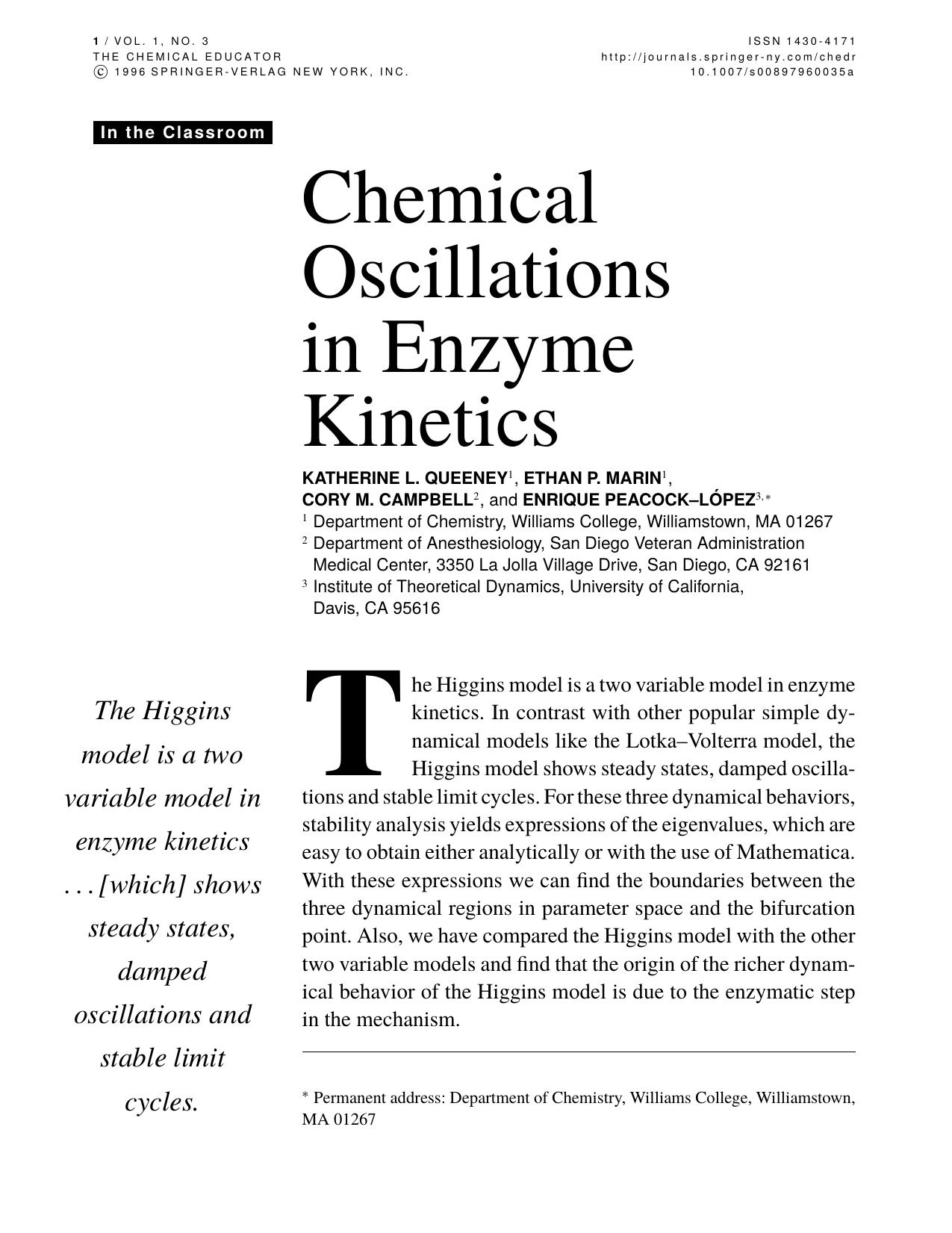 Chemical Oscillations in Enzyme Kinetics by KATHERINE L. QUEENEY et al