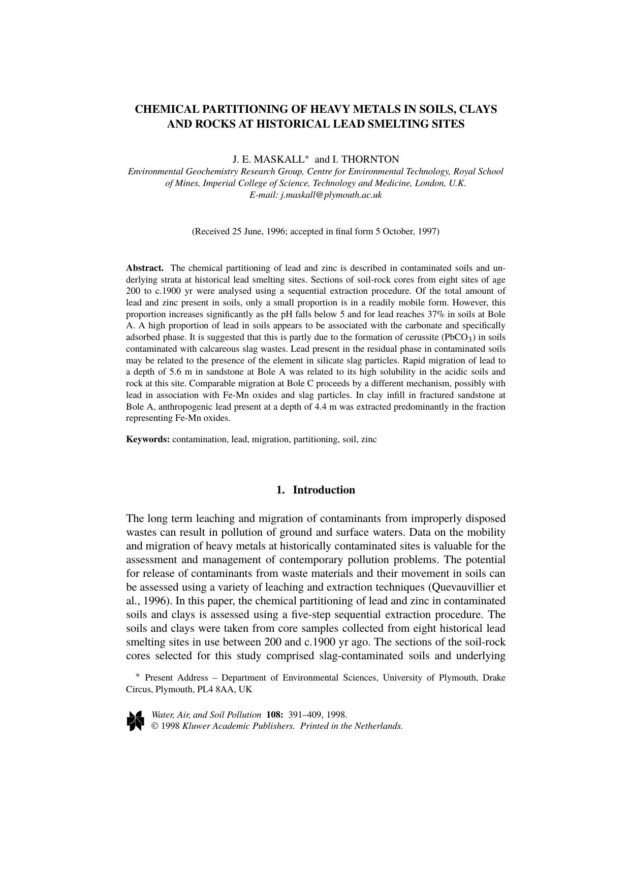 Chemical Partitioning of Heavy Metals in Soils, Clays and Rocks at Historical Lead Smelting Sites by Unknown