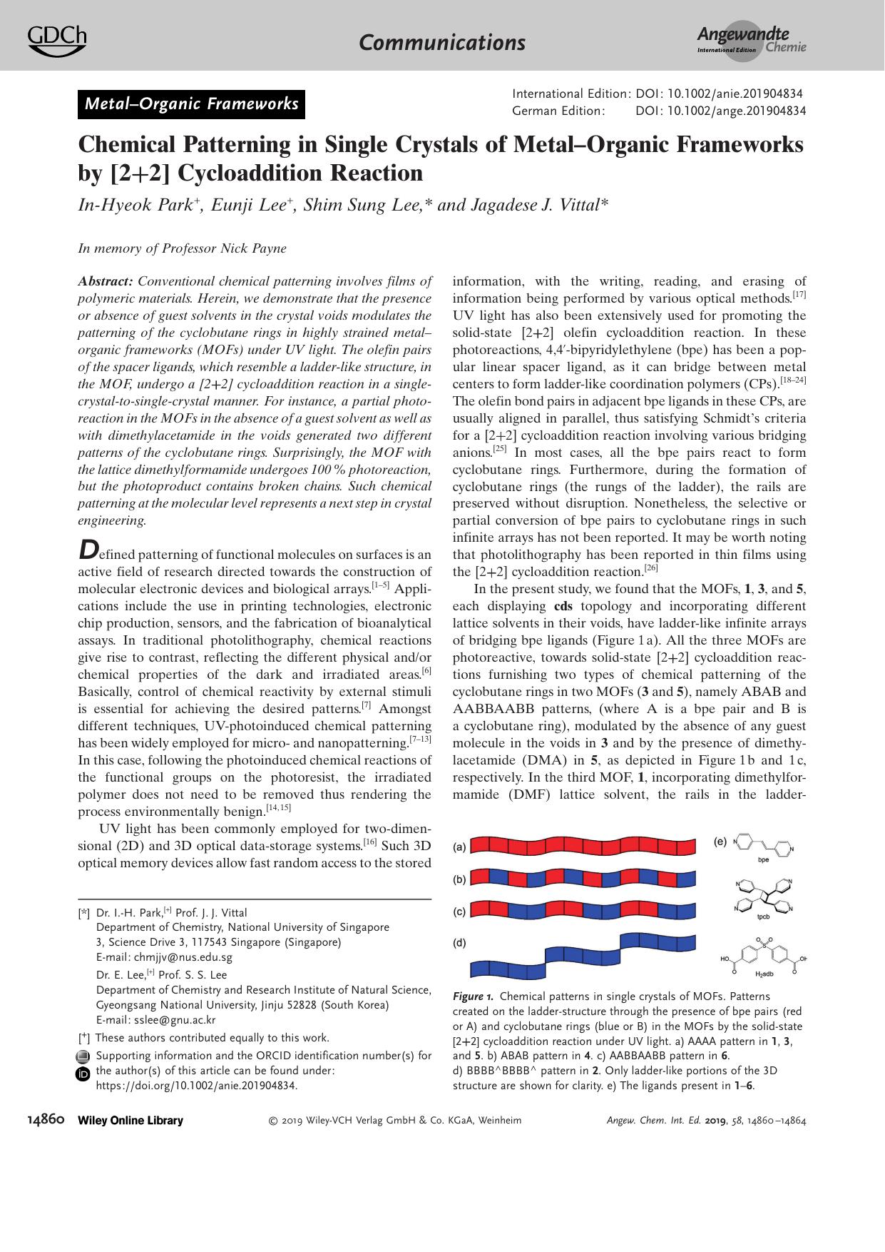 Chemical Patterning in Single Crystals of MetalâOrganic Frameworks by [2+2] Cycloaddition Reaction by Unknown