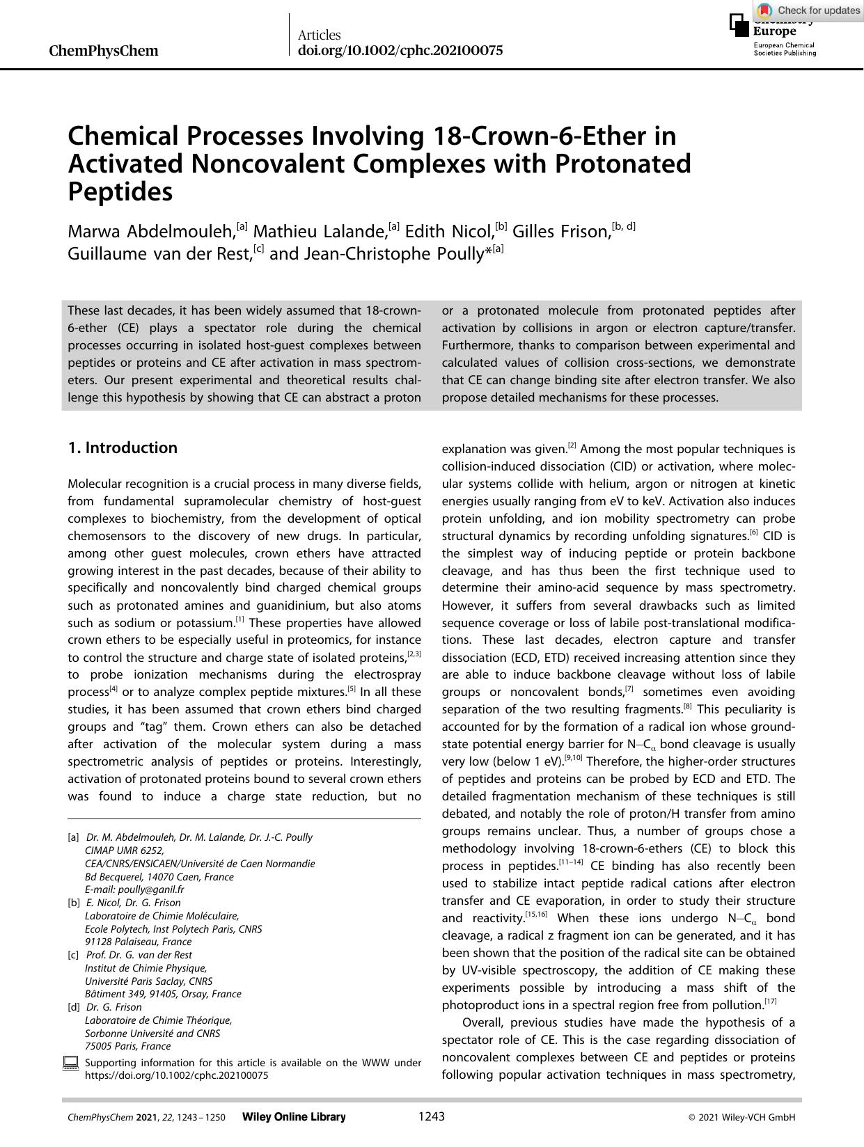 Chemical Processes Involving 18âCrownâ6âEther in Activated Noncovalent Complexes with Protonated Peptides by Unknown