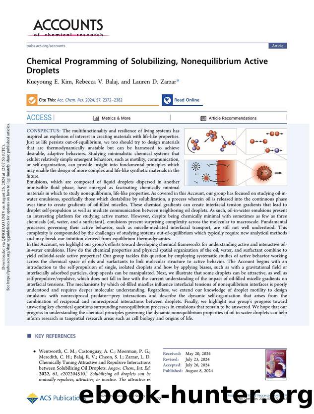Chemical Programming of Solubilizing, Nonequilibrium Active Droplets by Kueyoung E. Kim Rebecca V. Balaj & Lauren D. Zarzar