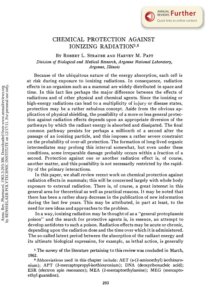Chemical Protection Against Ionizing Radiation by R L Straube & H M Patt