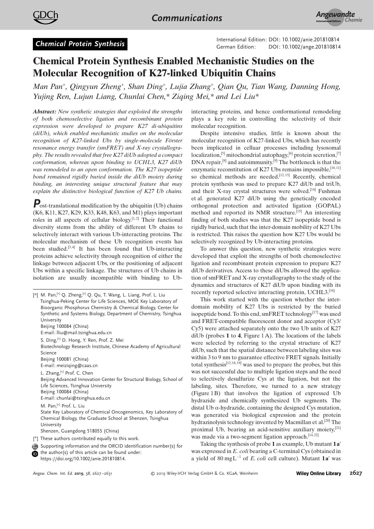Chemical Protein Synthesis Enabled Mechanistic Studies on the Molecular Recognition of K27âlinked Ubiquitin Chains by Unknown