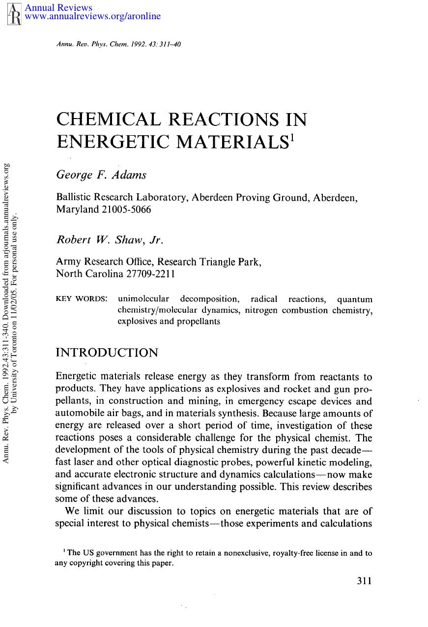 Chemical Reactions in Energetic Materials by G F Adams & R W Shaw Jr
