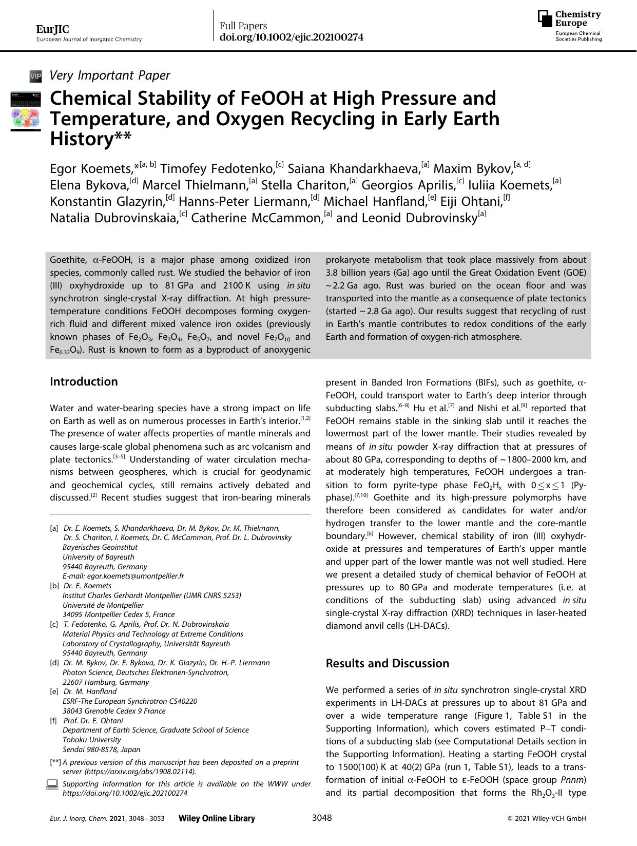 Chemical Stability of FeOOH at High Pressure and Temperature, and Oxygen Recycling in Early Earth History by Unknown