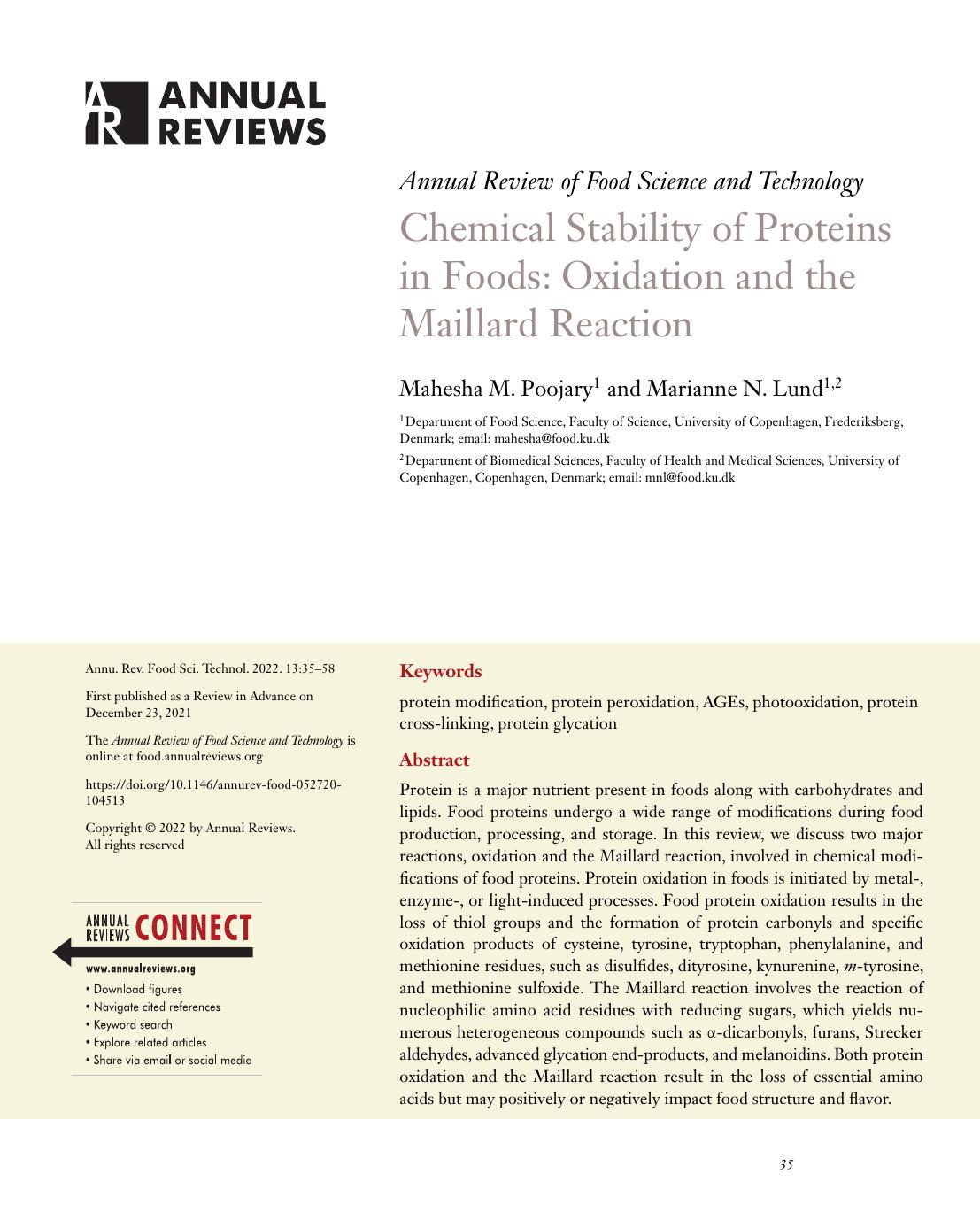 Chemical Stability of Proteins in Foods: Oxidation and the Maillard Reaction by Mahesha M. Poojary and Marianne N. Lund