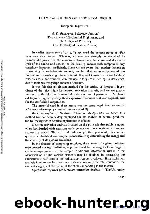 Chemical Studies of Aloe Vera Juice II: Inorganic Ingredients by G. D. Bouchey & Gunnar Gjerstad