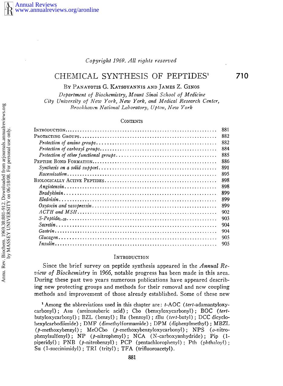 Chemical Synthesis of Peptides by P G Katsoyannis & J Z Ginos