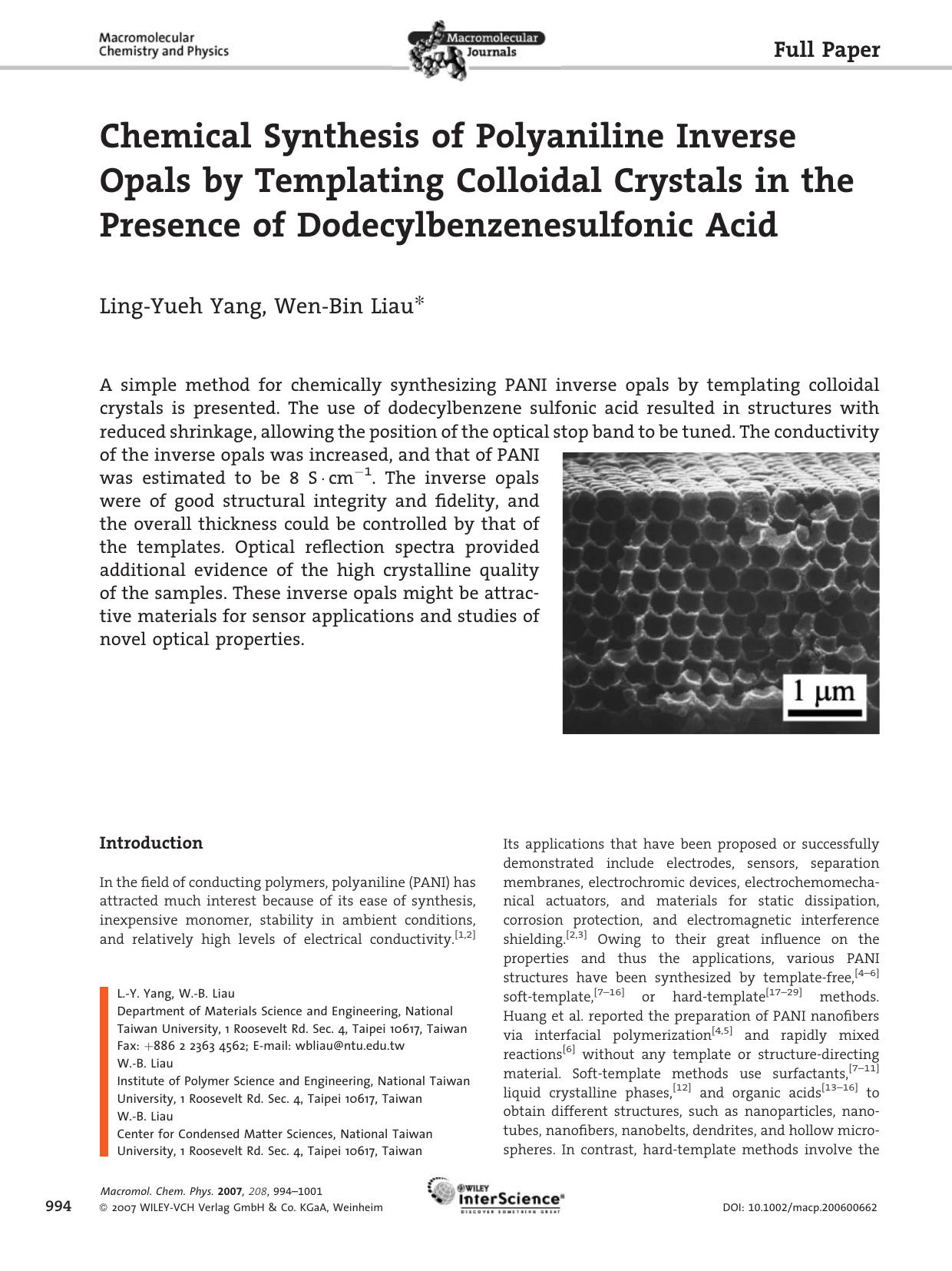 Chemical Synthesis of Polyaniline Inverse Opals by Templating Colloidal Crystals in the Presence of Dodecylbenzenesulfonic Acid by unknow