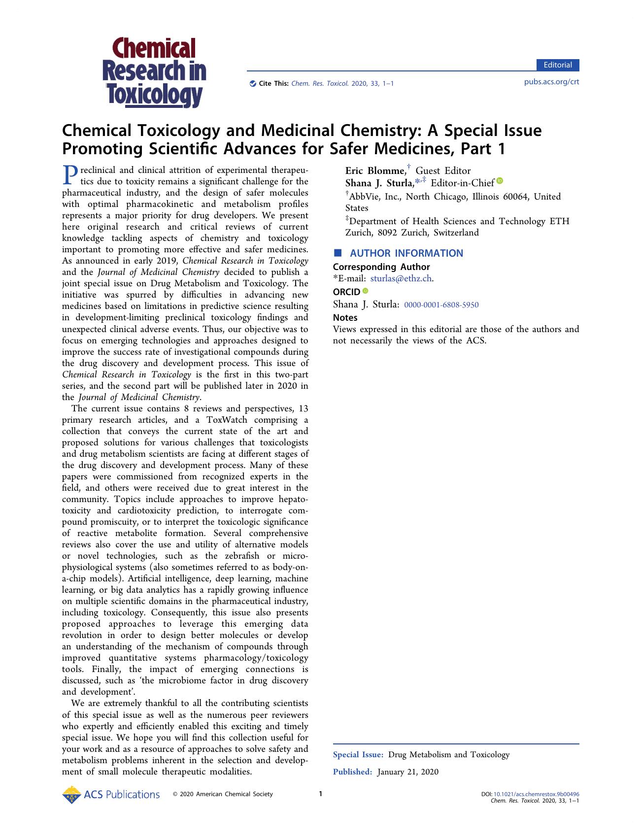 Chemical Toxicology and Medicinal Chemistry: A Special Issue Promoting Scientific Advances for Safer Medicines, Part 1 by Eric Blomme and Shana J. Sturla