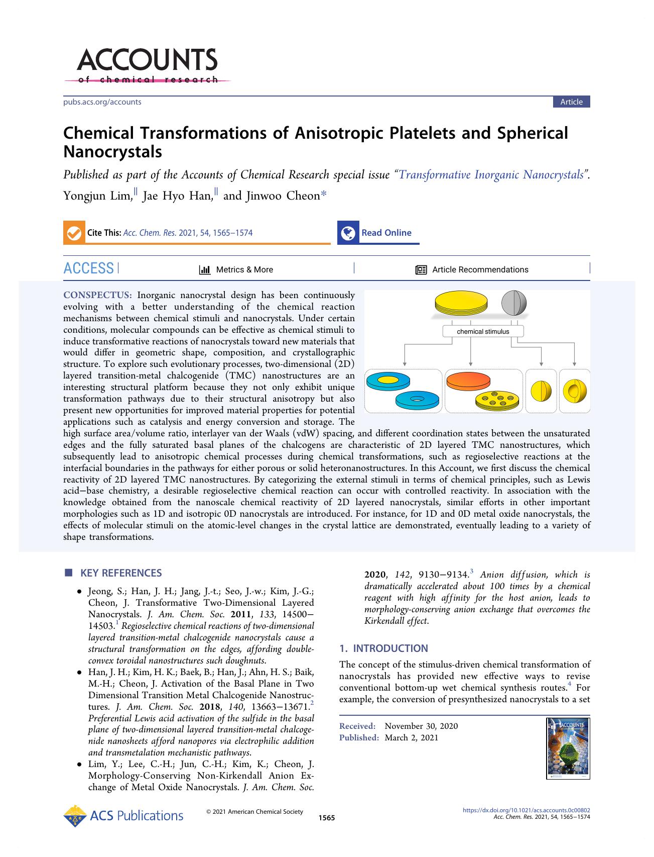 Chemical Transformations of Anisotropic Platelets and Spherical Nanocrystals by Yongjun Lim Jae Hyo Han and Jinwoo Cheon