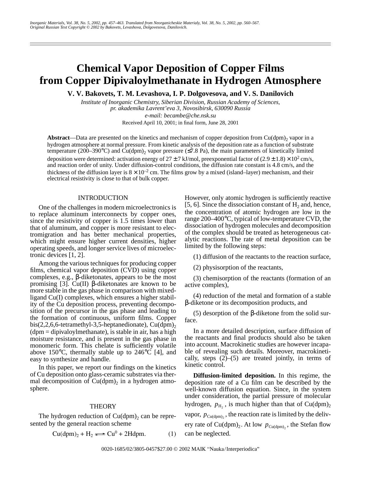 Chemical Vapor Deposition of Copper Films from Copper Dipivaloylmethanate in Hydrogen Atmosphere by Unknown