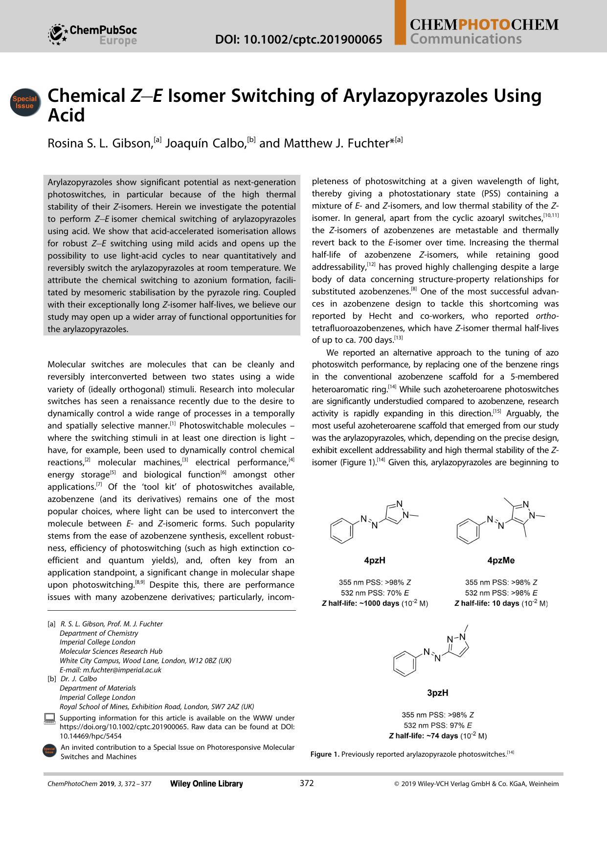 Chemical ZâE Isomer Switching of Arylazopyrazoles Using Acid by Unknown