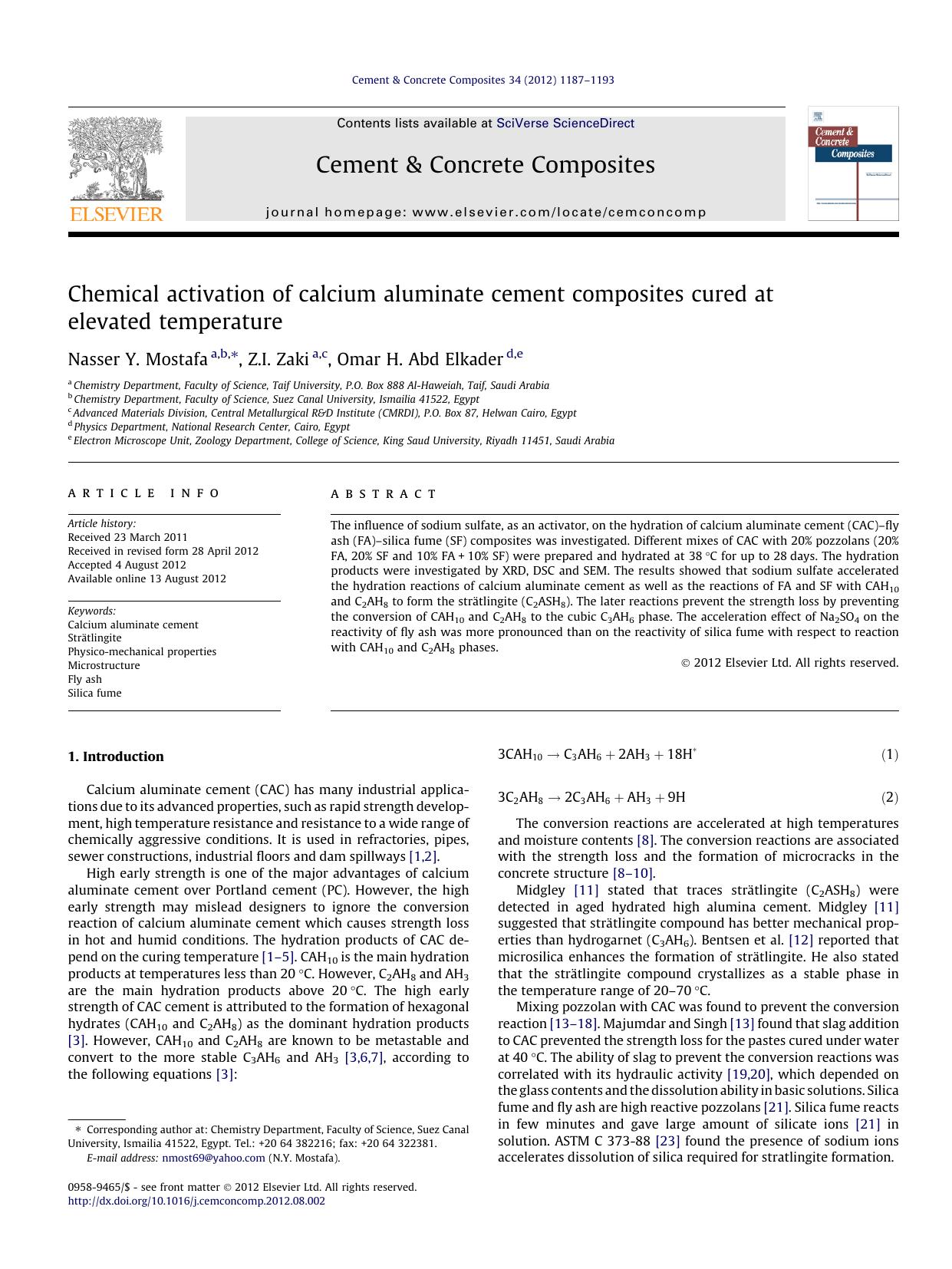 Chemical activation of calcium aluminate cement composites cured at elevated temperature by Nasser Y. Mostafa & Z.I. Zaki & Omar H. Abd Elkader