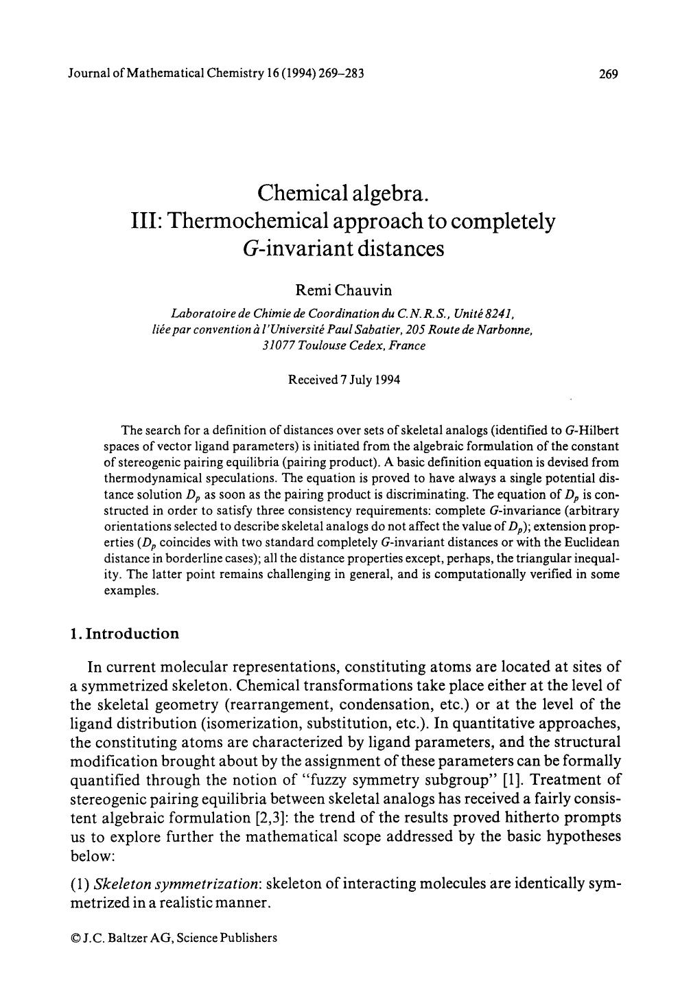 Chemical algebra III: Thermochemical approach to completely G-invariant distances by Unknown