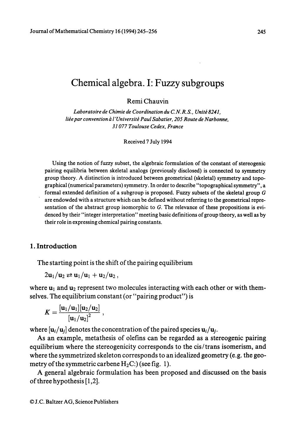 Chemical algebra. I: Fuzzy subgroups by Unknown