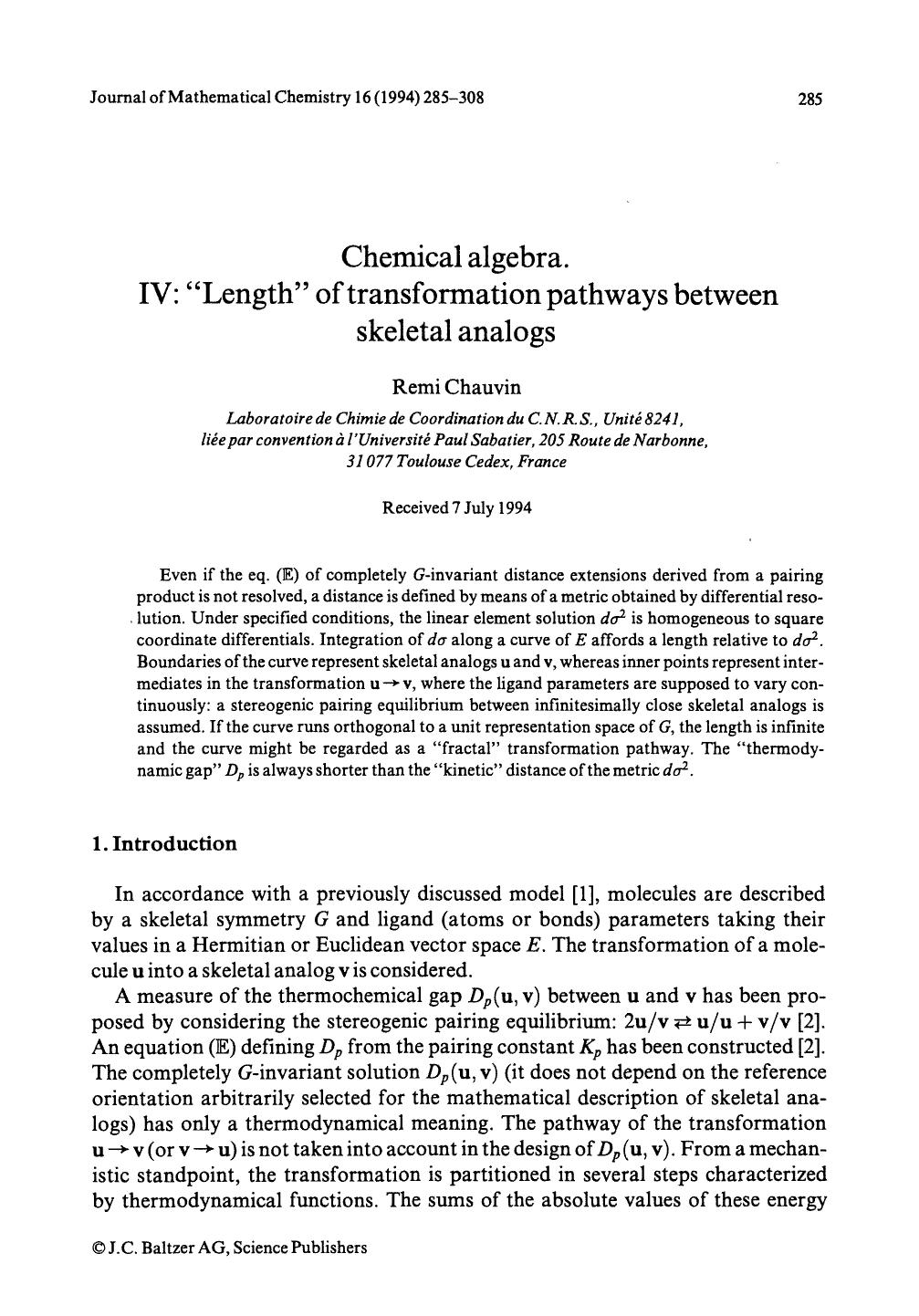 Chemical algebra. IV: &#x201C;Length&#x201D; of transformation pathways between skeletal analogs by Unknown
