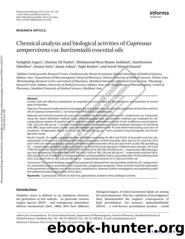 Chemical analysis and biological activities of Cupressus sempervirens var. horizontalis essential oils by unknow