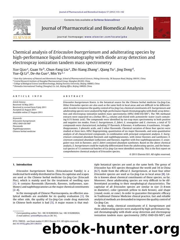 Chemical analysis of Eriocaulon buergerianum and adulterating species by high-performance liquid chromatography with diode array detection and electrospray ionization tandem mass spectrometry by Xue Qiao
