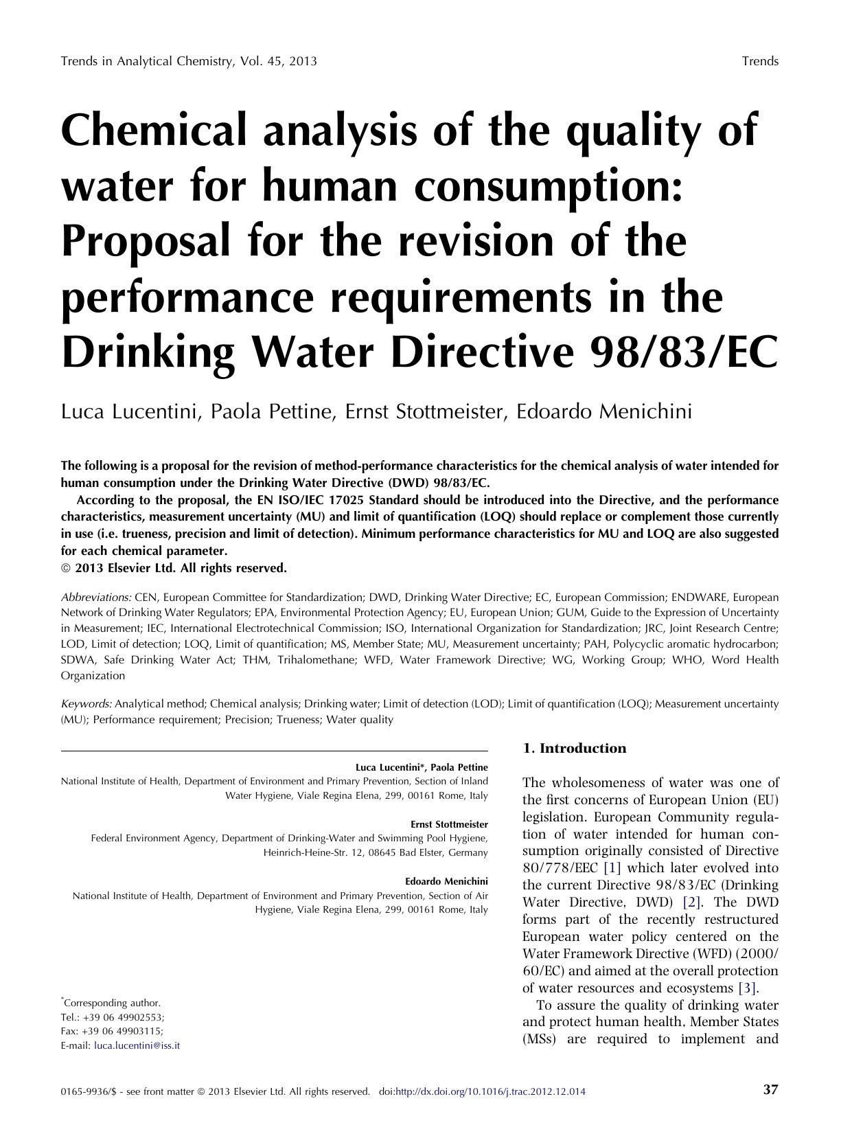 Chemical analysis of the quality of water for human consumption: Proposal for the revision of the performance requirements in the Drinking Water Directive 9883EC by Luca Lucentini & Paola Pettine & Ernst Stottmeister & Edoardo Menichini