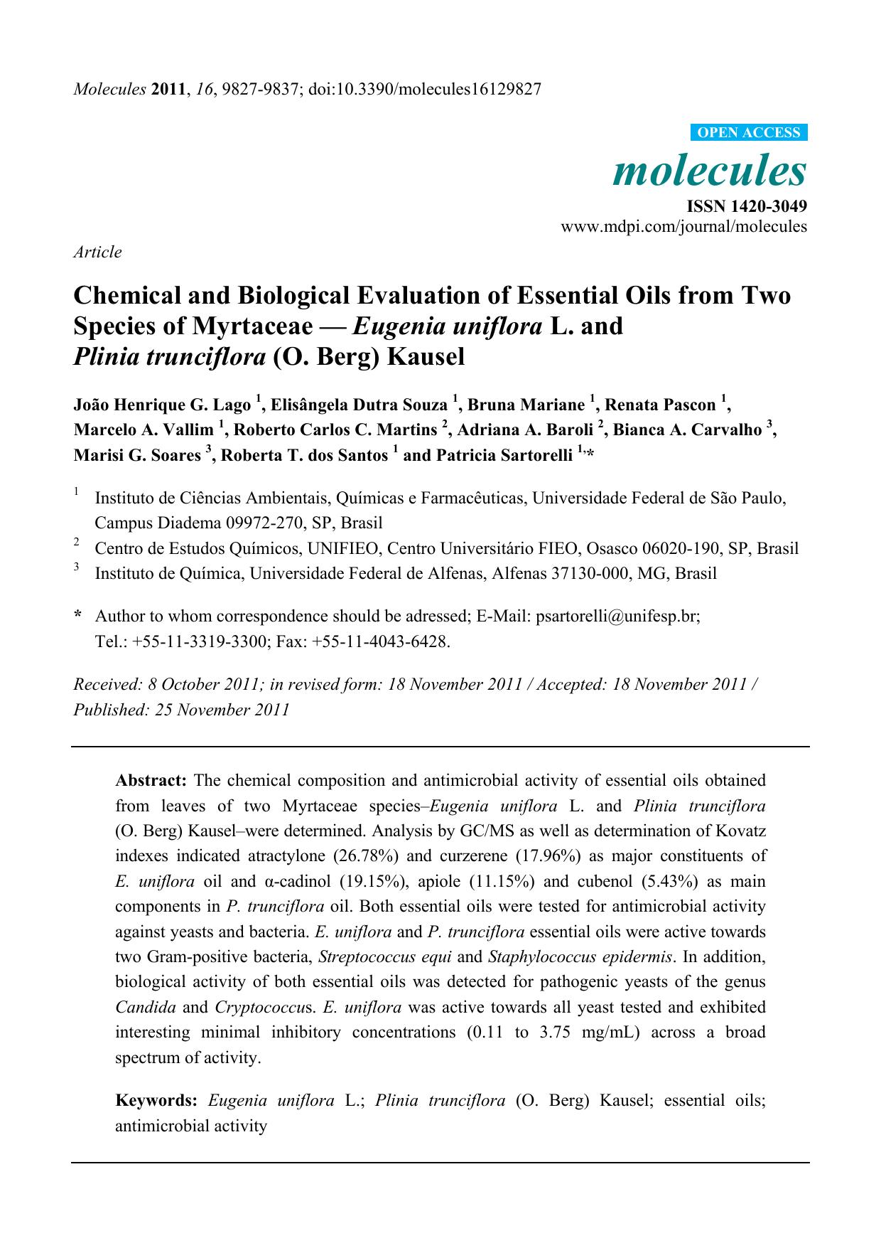 Chemical and Biological Evaluation of Essential Oils from Two Species of Myrtaceae â Eugenia uniflora L. and Plinia trunciflora (O. Berg) Kausel by unknow