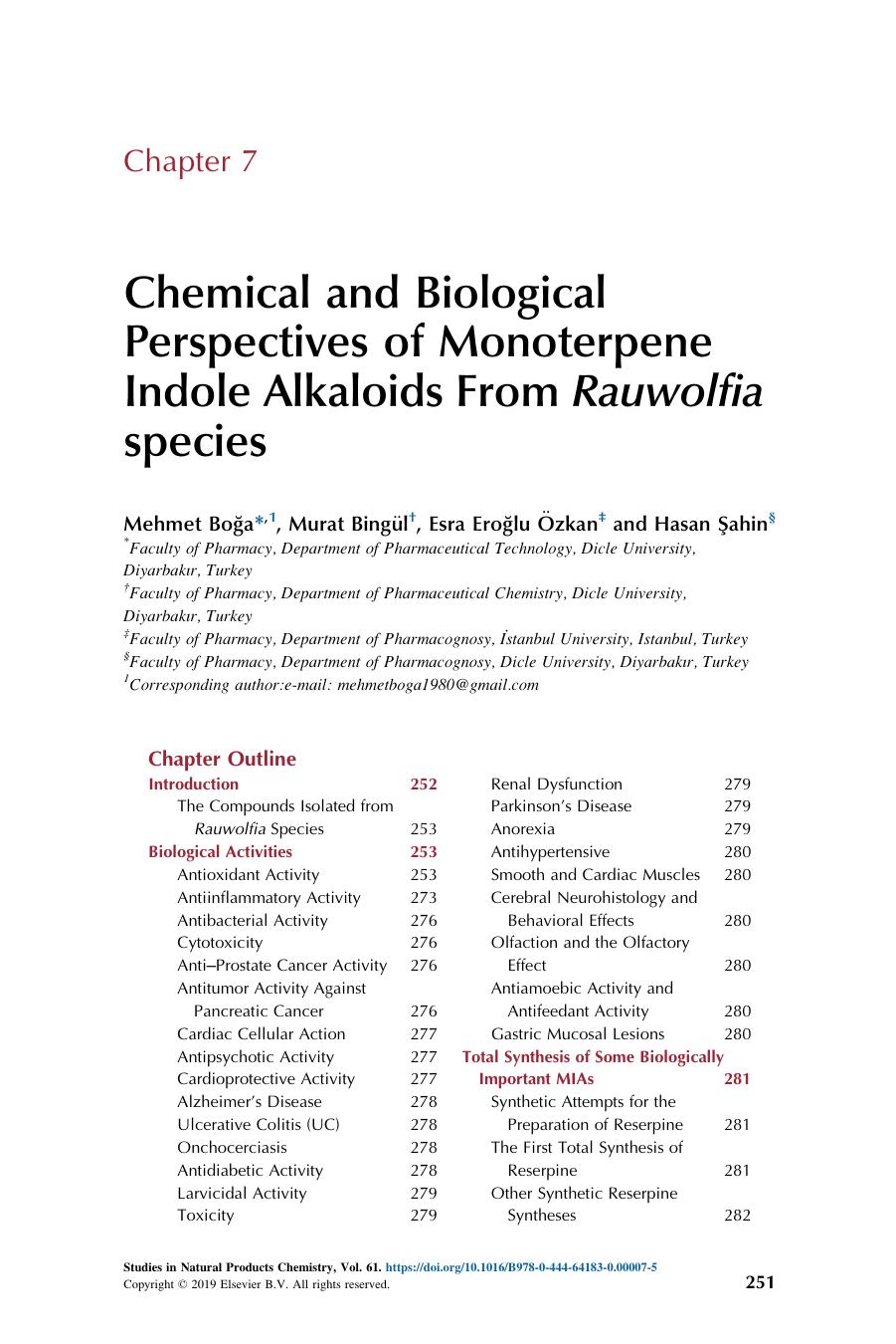 Chemical and Biological Perspectives of Monoterpene Indole Alkaloids From Rauwolfia species by Mehmet Boğa & Murat Bingül & Esra Eroğlu Özkan & Hasan Sahin