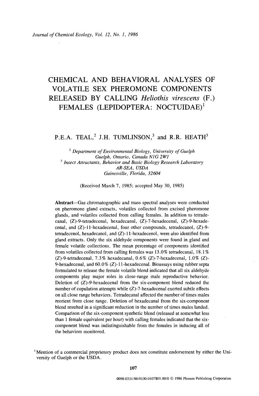Chemical and behavioral analyses of volatile sex pheromone components released by calling <Emphasis Type="Italic">Heliothis virescens <Emphasis> (F.) females (Lepidoptera: Noctuidae) by Unknown