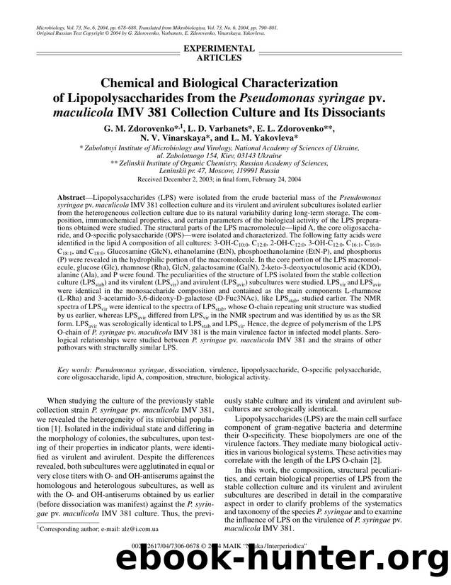 Chemical and biological characterization of lipopolysaccharides from the pseudomonas syringae pv. maculicola IMV 381 collection culture and its dissociants by Unknown
