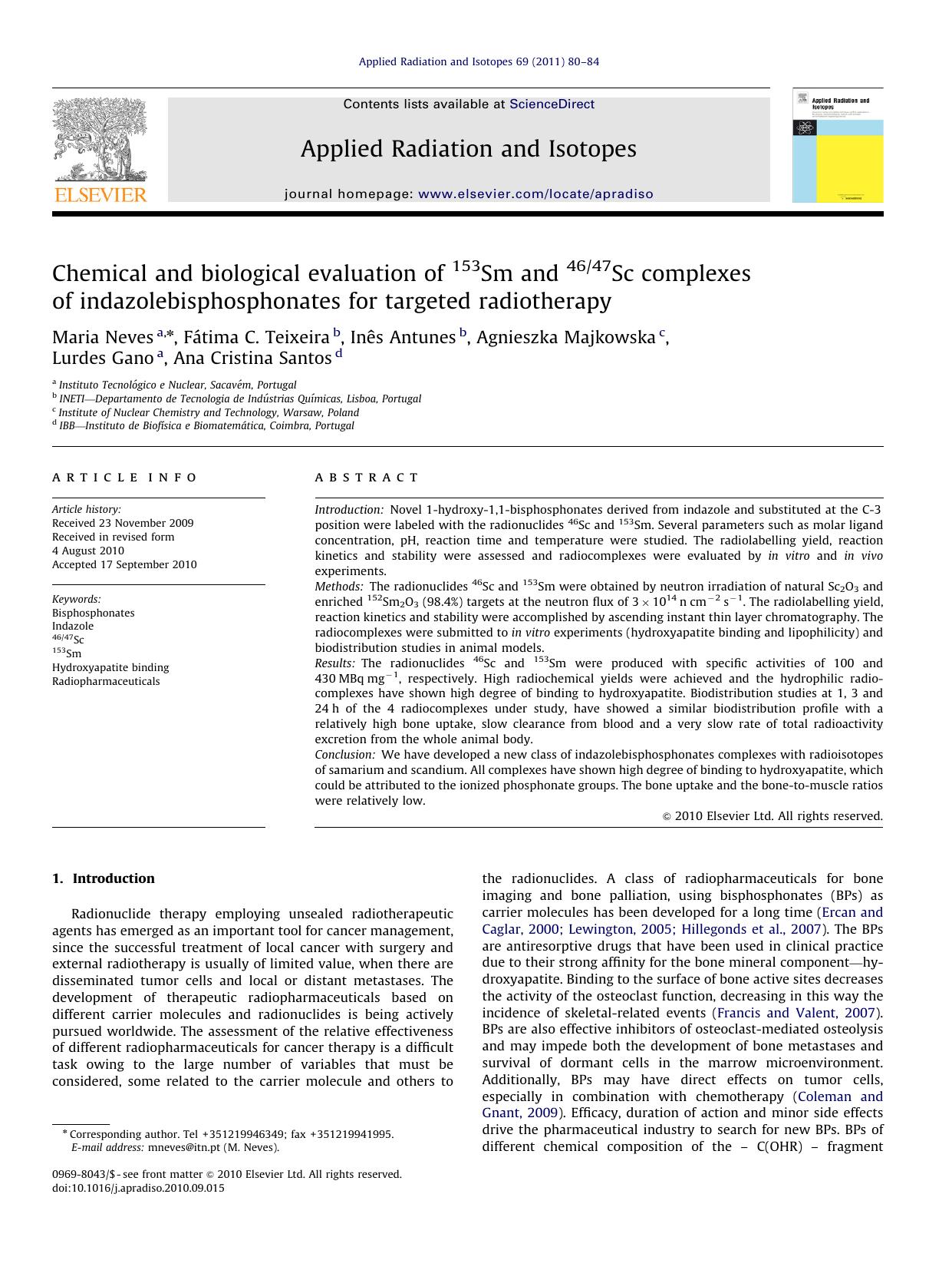 Chemical and biological evaluation of 153Sm and 4647Sc complexes of indazolebisphosphonates for targeted radiotherapy by unknow