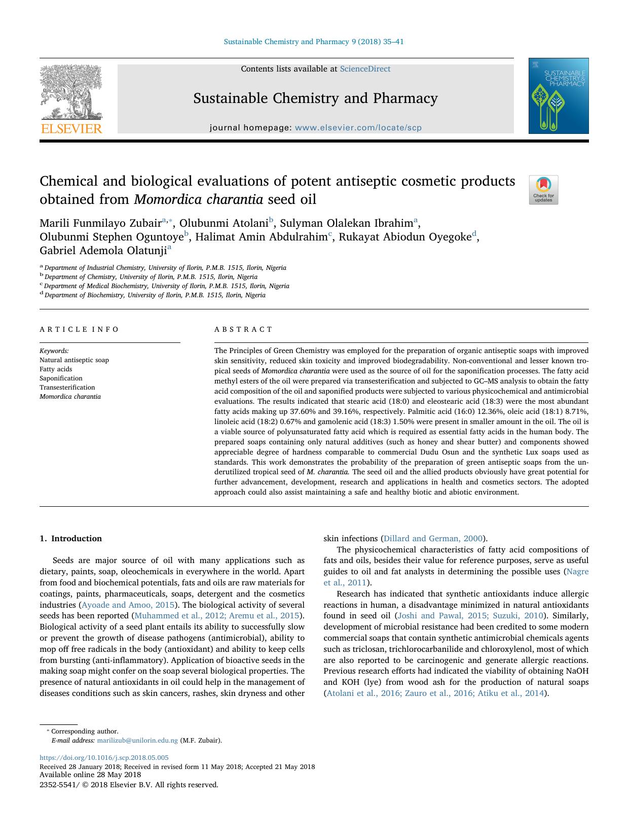 Chemical and biological evaluations of potent antiseptic cosmetic products obtained from Momordica charantia seed oil by unknow