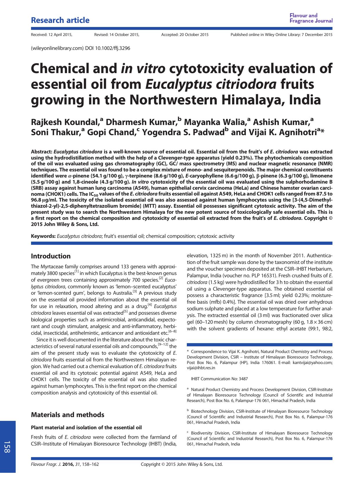 Chemical and in vitro cytotoxicity evaluation of essential oil from Eucalyptus citriodora fruits growing in the Northwestern Himalaya, India by unknow