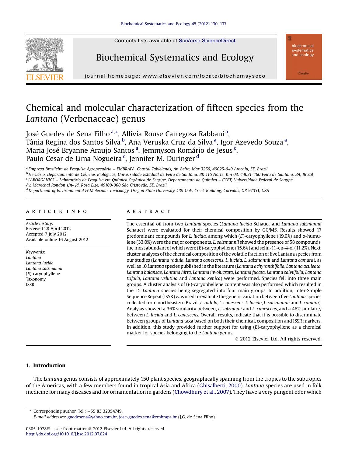 Chemical and molecular characterization of fifteen species from the Lantana (Verbenaceae) genus by unknow