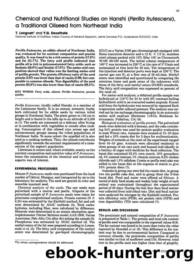 Chemical and nutritional studies on hanshi ( <Emphasis Type="Italic">perilla frutescens <Emphasis>), a traditional oilseed from northeast india by Unknown